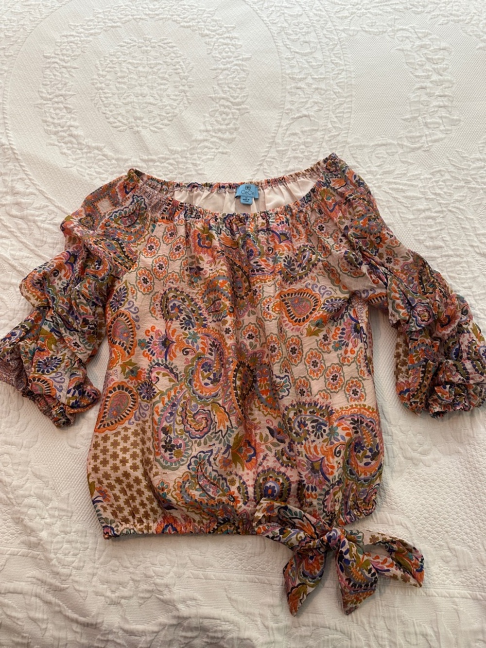 CeCe Paisley Tie-Hem Blouse in Pink, Orange and Purple